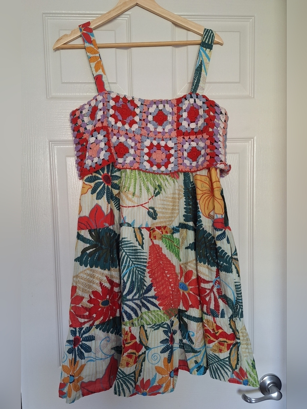 Farm Rio for Anthropologie Crochet Granny Square Tropical Mini Dress XS - Cotton